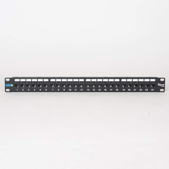 ICC CAT6 Feed-Through Patch Panel, 24 Port, 1U Rackmount, RJ45 Ethernet Patch Panel, No Punch Down, PoE++ and TAA Compliant, Black
