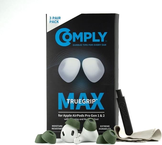 Comply TrueGrip MAX | Premium Memory Foam Replacement Earbud Tips for Apple AirPods Pro 1 & 2 | Long Lasting Comfort, MAX Durability, Secure Fit, Superior Noise Isolation| Green (Small) (3 Pairs)