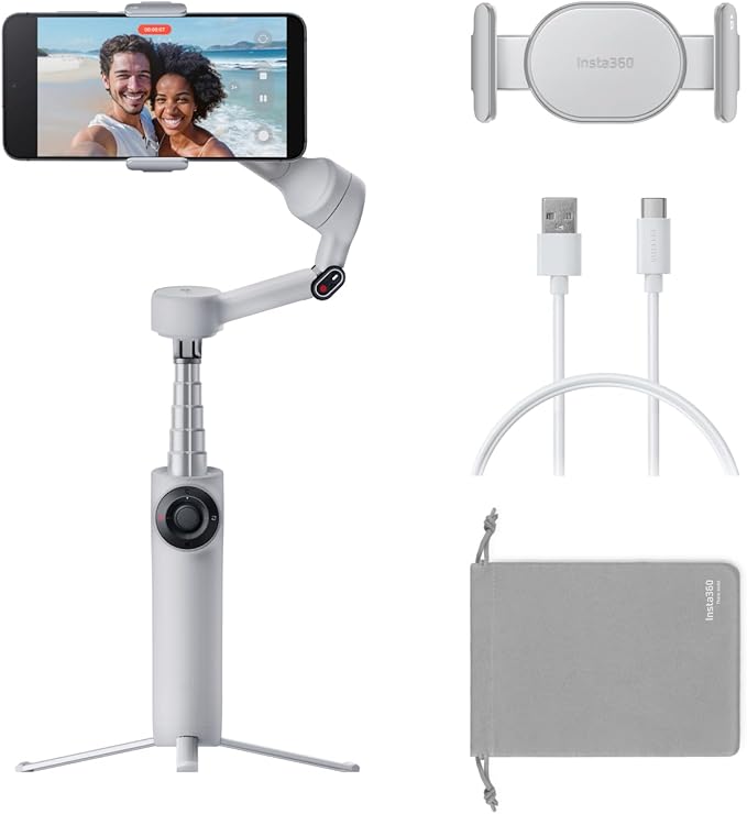 Insta360 Flow 2 Grey - Foldable AI Phone Gimbal, AI Tracking, Multi-Person Tracking, Built-in Tripod/Selfie Stick, Remote Control, iPhone/Android Portable Stabilizer