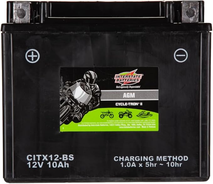 Interstate Batteries YTX12-BS 12V 10Ah Powersports Battery 175CCA AGM Rechargeable Replacement for Honda, Kawasaki, Suzuki Motorcycles, Scooters, Bikes, ATVs, UTVs (CITX12-BS)