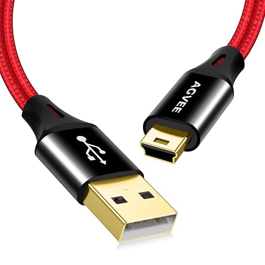 AGVEE 10ft Mini USB Cable, Braided Durable USB-A to Mini-B Charger Charging Cord for TI-84, Garmin GPS, Go-Pro Hero 4 3 2 HD, PS3 Controller, Canon Camera, Blue Yeti Microphone, Red