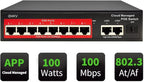 STEAMEMO 8-Port Managed PoE Switch, Easy Smart Managed, Plug and Play, Support Vlan, PoE Scheduler, Fanless, Sturdy Metal, Desktop and Wall-Mount