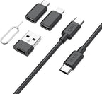 Multifunctional Data Cable Conversion Head Portable Storage Box, Multi-Type Charging Line Convertor USB Type C Adapter Tool Contains Sim Card Slot Tray Eject Pin, Phone Holder (Black)