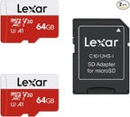 Lexar 64GB Micro SD Card 2 Pack, microSDXC UHS-I Flash Memory Card with Adapter - Up to 100MB/s, U3, Class10, V30, A1, High Speed TF Card (2 microSD Cards + 1 Adapter)