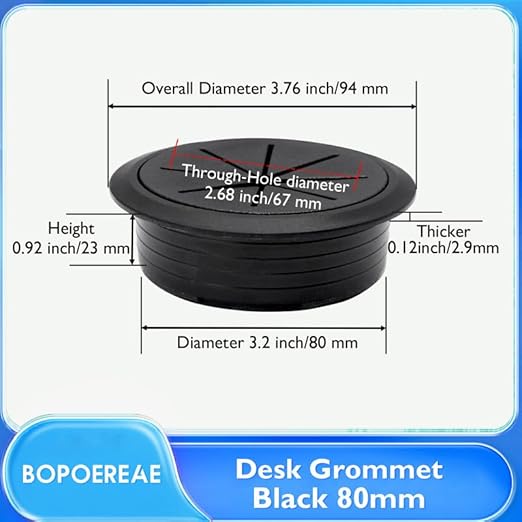 Desk Grommet 3-1/8" (80 mm), Desk Hole Cover for Cables Black, Cable Grommet ABS Plastic, Desk Hole Grommet for Office and Home Table Cable, Detachable & Flexible Cable Cord Organizer-2 Pcs