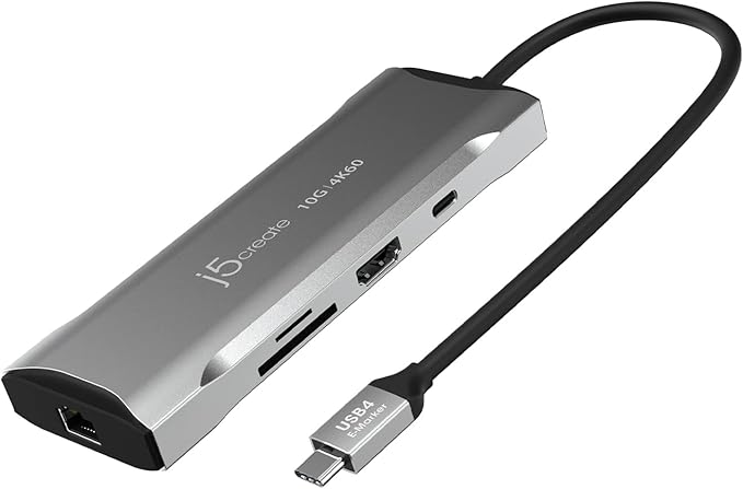 j5create Laptop Docking Station, 9-in-1, 4K60Hz HDMI, USB-C 10Gbps, 2 USB-A 10Gbps, 100W PD with USB-C 5Gbps, Ethernet, SD 4.0 Card Reader, for MacBook, XPS, Surface Pro (JCD393)