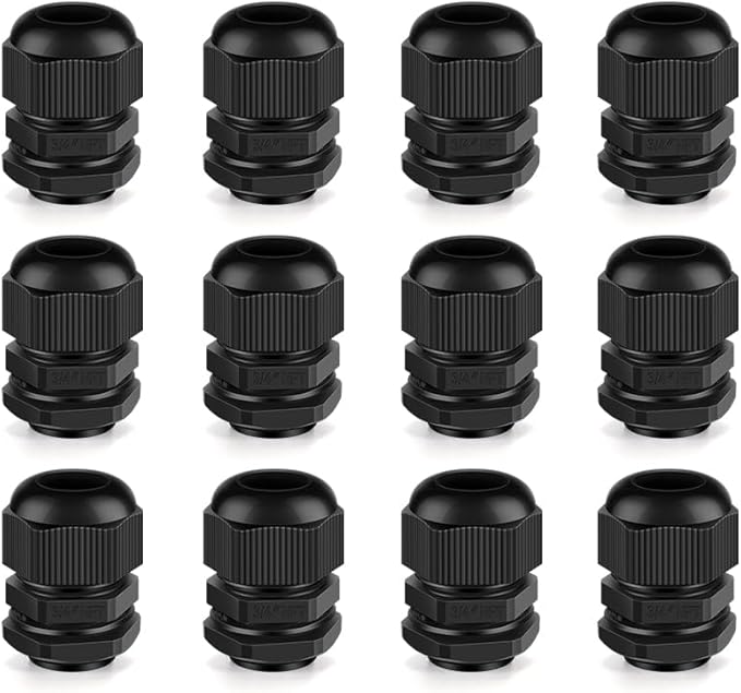 Cable Gland 12 Pack 3/4" NPT Waterproof Adjustable Connector Strain Relief Cord Connectors Joints Nylon with Gaskets…