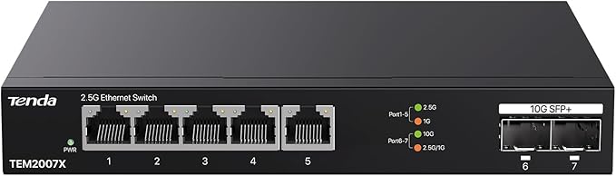 Tenda TEM2007X, 5 Port 2.5G Ethernet Switch, Unmanaged 2.5Gb Switch with 5 x 2.5G Ports & 2 x 10Gb SFP+ Slots, 50Gbps Switching Capacity, Plug & Play, Desktop/ Wall-Mount, Fanless Metal Design