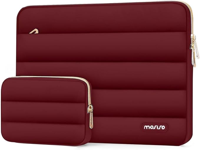 MOSISO 13.3 inch Laptop Case, 13-13.3 inch Puffy Laptop Sleeve Compatible with MacBook Air 13 13.6 M4 M3 M2 M1/Pro 13/Pro 14, HP Dell ASUS Lenovo,Polyester Horizontal Bag with Small Case, Red