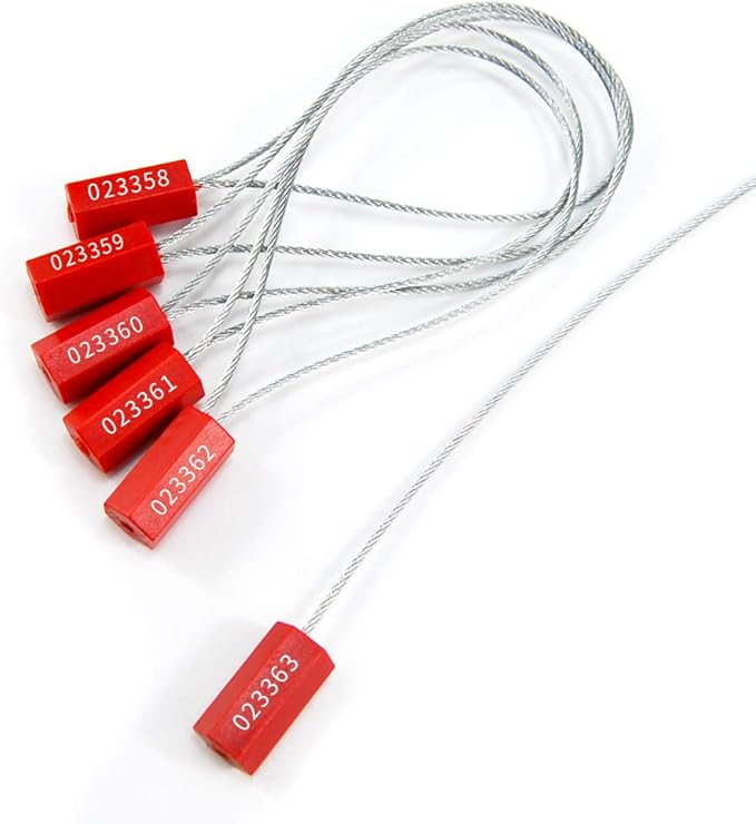 Pull-Tite Steel Security Cable Wire Seals Numbered Anti-Tamper Security Tags (Red, Pack of 50pcs)