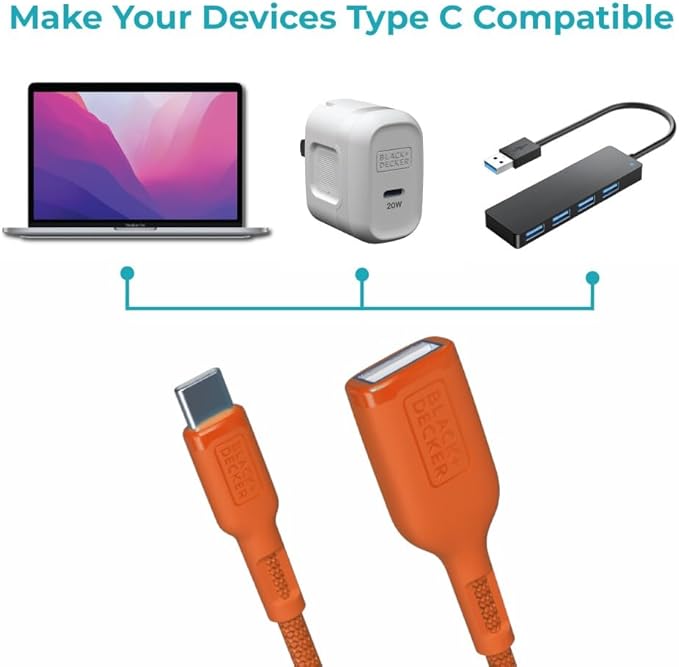 BLACK+DECKER USB C to USB A Adapter, USB C Male to USB Female Adapter Nylon Braid, Type C OTG Cable Compatible w/iPhone 16 15 Pro, MacBook Pro 2022/Air/Mini, iPad—2 Pack, 3" (Coral Rose)