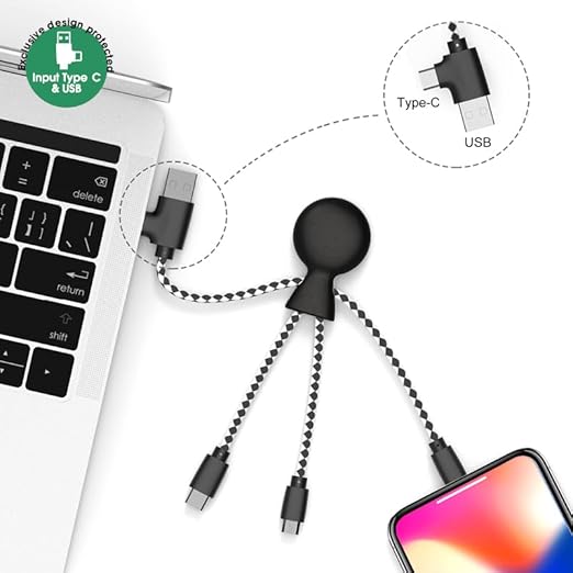 Mr Bio 4 in 1 Multi USB Cable Octopus Design Black - Universal Recycled Plastic Charger - USB Plug - USB-C - Lightning - Micro USB for Universal Smartphone