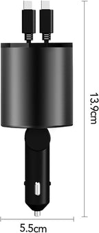 Retractable Car Charger, 4 in 1 Super Fast Car Phone Charger 60W, 2 Retractable Cables and 2 USB Ports Car Charger Adapter,Compatible with iPhone 16/15/14/13/12/11,Air-Pods 4,Galaxy,Pixel