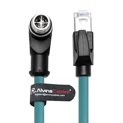 Alvin's Cables M12 X-Code 8 Pin Male to RJ45 Ethernet Cable for Cognex Keyence Camera, High-Flex Cat6a Cable for Industrial Automation, Fieldbus Module, Robotics, Right Angle 49.2ft/15m Green