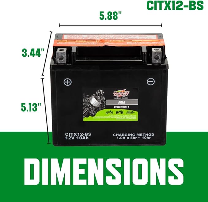 Interstate Batteries YTX12-BS 12V 10Ah Powersports Battery 175CCA AGM Rechargeable Replacement for Honda, Kawasaki, Suzuki Motorcycles, Scooters, Bikes, ATVs, UTVs (CITX12-BS)