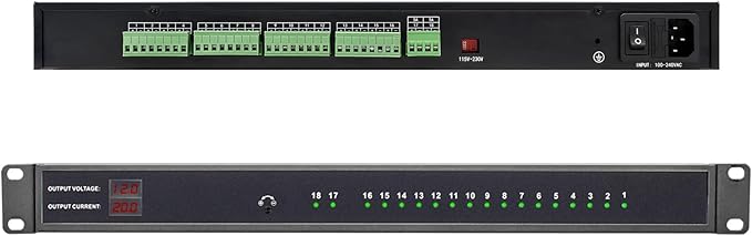 1U 18-Channel Rack Mount Power Supply – 12V 20A DC Output with Reset Fuse, 4 ft Replaceable AC Cord. Ideal for Security Cameras, DVRs, CCTV Systems, by UltraPoE