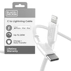 BLACK+DECKER USB C to Lightning Cable - Fast Compatible iPhone Lightning Cable - Durable Braided Type C iPhone Charger Cord - for Travel and Daily Use - Multiple Colors and Lengths - 6ft