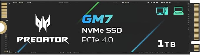 acer Predator GM7 1TB SSD: M.2 2280 PCIe Gen 4 x4 NVMe 2.0, Read Speed Up to 7400 MB/s, Internal PC Solid State Drive for Laptop, Desktop and PS5
