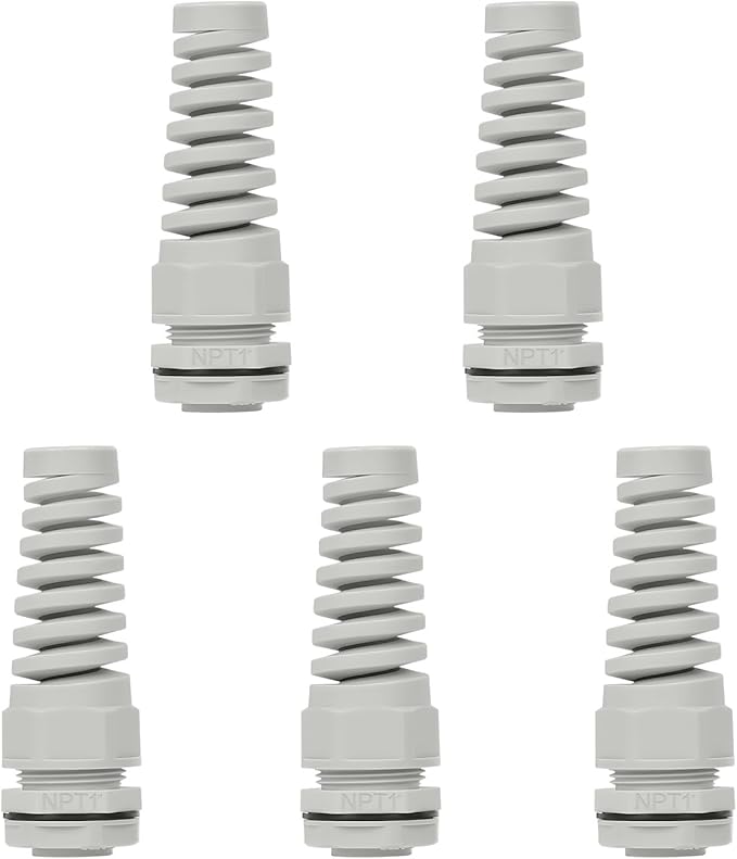 LeMotech 5Pcs NPT 1" IP68 Waterproof Cable Gland Flex Spiral Strain Relief Grey Nylon Joint with Gaskets for 18-25mm Wire Thread