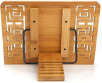 wishacc Bamboo Book Stand Reading Rest Holder Cookbook Cook Stand/Foldable Tablet PC Textbook/Music Document Stand/Desk Bookrest with Retro Hollow Elegant Pattern