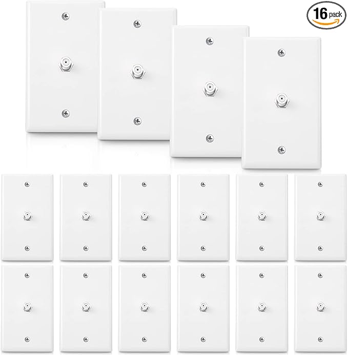1-Port TV Cable Wall Plate F Connector Wall Plate Coax Wall Plate Video Wall Jack Single Gang Wall Plates (White, 16 Pcs)