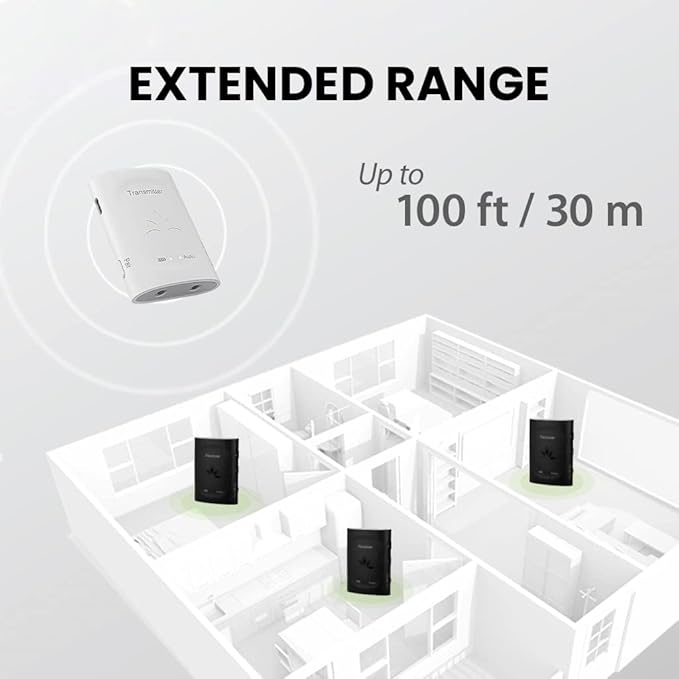 Avantree Audiplex - Wireless Audio Transmitter & Multiple Receivers Set for AV Receivers, Projectors, PA Systems, Hearing Assistant in Church, Broadcasts to 100 Multiple Headphones & Speakers