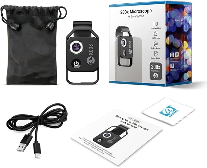 APEXEL 200X Phone Microscope Lens, Nano Zoom Phone Micro Lens for iPhone Android with LED Light CPL Universal Clip, Nanozoom Mini Pocket Digital Microscope, Portable Smartphone Macro Lens Camera