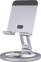 360 Rotating Phone Stand for Desk, Dual-Adjustable Foldable Aluminum Desktop Phone Holder Compatible with iPhone 16 15 14 13 12 11 Series, iPad-Mini, 4-8" All Phones (Grey)