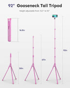 Aureday Phone Tripod, 92" Cell Phone Stand with 15" Gooseneck, Remote and Phone Holder, Overhead & Selfie Stick for Recording/Watching/Vlog, Compatible with iPhone Android, Pink