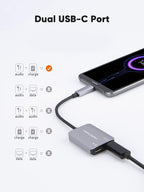 CableCreation USB Type C Splitter, 2-in-1 USB C Audio Adapter and PD Fast Charging, Type C Aux Dongle Compatible with iPad, MacBook, iPhone 16 15 Pro Max Plus, Galaxy S24/S23/S22+, Pixel 9/8/7+, Grey
