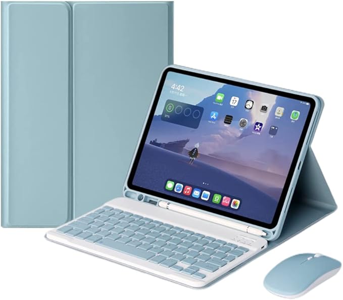 AnMengXinLing Keyboard Case for iPad Air 11 inch (M3 2025/M2 2024) with Mouse, Case for iPad Air 5th/4th Gen with Keyboard Cover with Pencil Holder, Blue