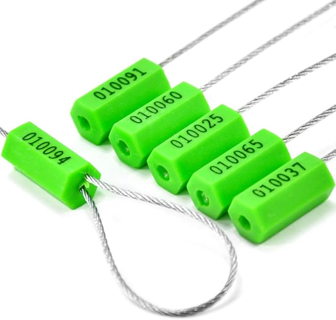 Leadseals(R) 100 Security Cable Seals Numbered Security Tags Tamper Proof Tags Pull Tight Steel Wire Seals for Truck, Trailers, Cargo, Containers, Vans, Oil Tank, Milk Vehicle (Green, Pack of 100pcs)