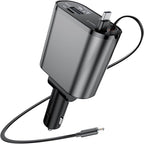 Retractable Car Charger with Dual Retractable Cords, Type-C Cable Fast Charging Up to 100W, 4 in 1 Fast Car Phone Charger with Voltage Display for iPhone 16/15/14/13/12 Pro Max,iPad,Samsung