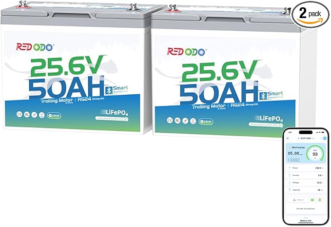 Redodo Bluetooth 24V 50Ah TM Low-Temp LiFePO4 Battery, Smart Lithium Battery Built in 50Ah BMS, 10 Years Lifespan, Perfect for Trolling Motor, Marine, RV, Fishing Finder, Solar and Off Grid-2 Pack
