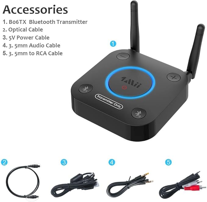 1Mii B06TX Bluetooth 5.2 Transmitter for TV to Wireless Headphone/Speaker, Bluetooth Adapter for TV w/Volume Control, AUX/RCA/Optical/Coaxial Audio Inputs, Plug n Play, aptX Low Latency & HD