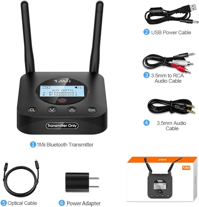 1Mii B06TX+ Long Range Bluetooth 5.2 Transmitter for TV/PC/Projector to 2 Wireless Headphones/Speakers, Bluetooth Adapter for TV w/Screen Display Plug n Play, aptX Low Latency & HD Audio