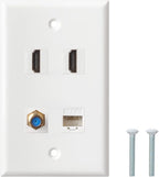 HDMI Coax Ethernet Wall Plate, 2 Port 4K HDMI Keystone, 1 Port Coax Keystone, 1 Port CAT6 Keystone Wall Plate