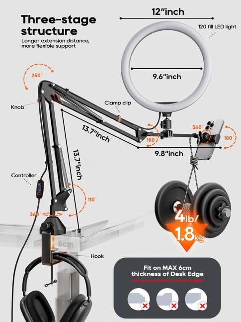 Upgrade Ring Light Overhead Phone Mount, 12”Circle LED Desk Ring Light with Clamp for Video Recording,Flexible Articulating Phone Arm Stand Compatible with iPhone,Live Streaming YouTube Tiktok