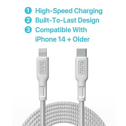 BLACK+DECKER USB C to Lightning Cable - Fast Compatible iPhone Lightning Cable - Durable Braided Type C iPhone Charger Cord - for Travel and Daily Use - Multiple Colors and Lengths - 9ft