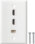 HDMI Ethernet Wall Plate - 2 Port 4K HDMI Keystone, 1 Port Cat6 Keystone Wall Plate Female to Female-White