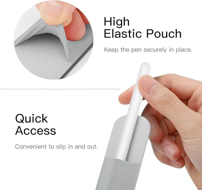 MoKo Pencil Holder Sticker Compatible with iPad Pencil 1st/2nd Generation, Elastic Pencil Case PU Leather Pouch for iPad 9th/8th Generation, iPad Air 4, iPad Pro 11&12.9, iPad Mini 6, Silver Grey
