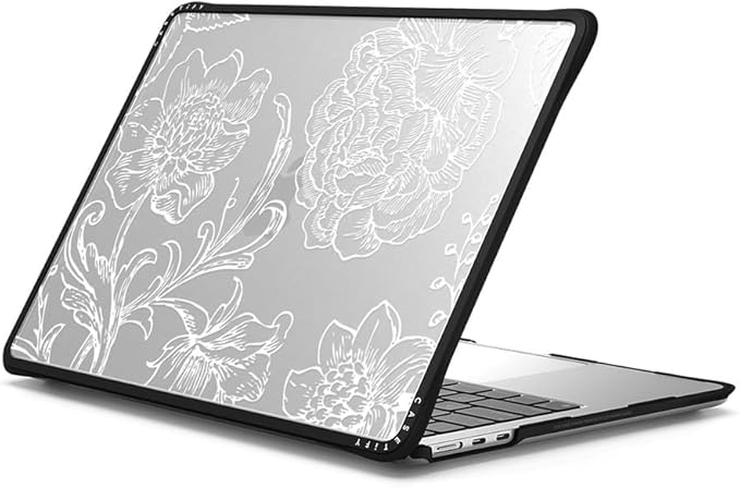 CASETiFY Impact MacBook Air 13.6" (M2-M4) Case [Cushioned Impact Corners/Scratch-Resistant/Anti-Slip Grip] - White line Art Flowers - Clear Black