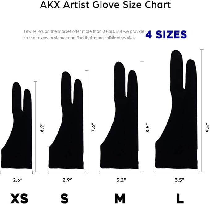AKX Artist Glove, Palm Rejection Drawing Glove for Graphic Tablet, iPad - Smudge Guard, 2-Finger, Good for Left and Right Hand (Black, Large, 2 Pack)