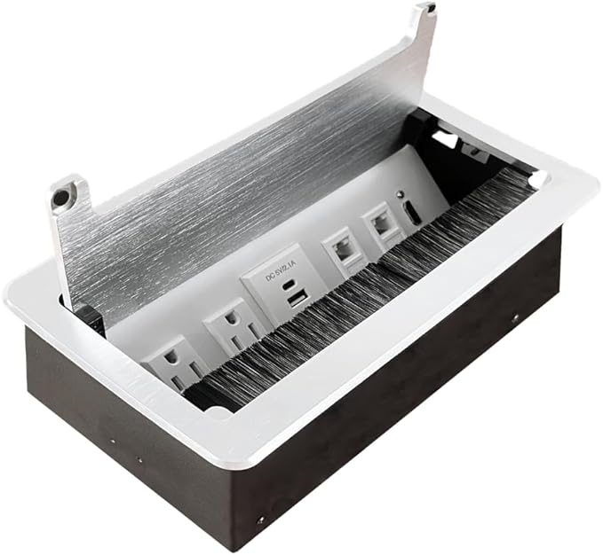 ZESHAN Conference Table Power hub Conference Table connectivity Box with 45 Degree Angle Convenient Plug-in Socket, Power Fully Enclosed Bottom Box Power Socket, USB, Type C, HDMI, RJ45, Silver