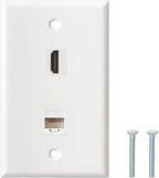 HDMI Ethernet Wall Plate - 1 Port 4K HDMI Keystone to Female, 1 Port CAT6 Keystone to Female - White