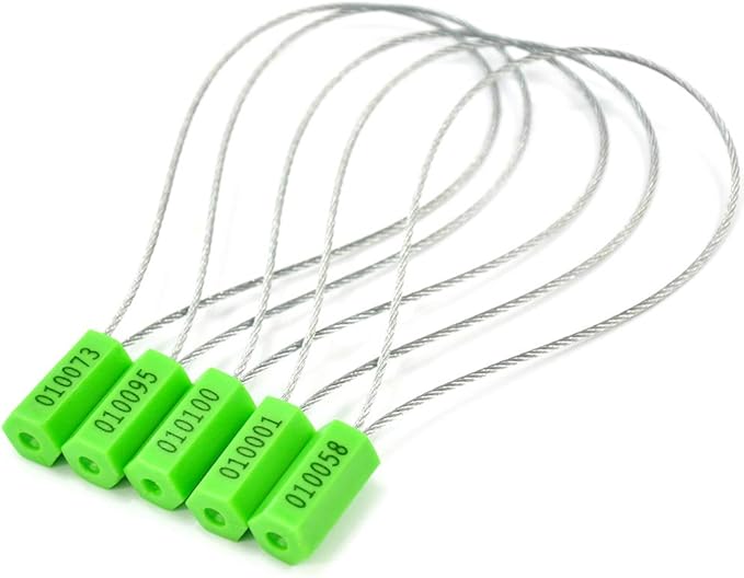 Leadseals(R) 100 Security Cable Seals Numbered Security Tags Tamper Proof Tags Pull Tight Steel Wire Seals for Truck, Trailers, Cargo, Containers, Vans, Oil Tank, Milk Vehicle (Green, Pack of 100pcs)