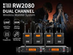 XTUGA RW2080 Wireless in Ear Monitor System 4 Bodypacks UHF IEM System, Dual Channel Mono Design Stage Monitors Earphone with 40 Frequencies, 300Ft for Band, Studio or Musicians, 902-928mhz