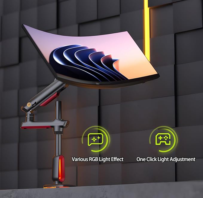 RGB Gaming Monitor-Arm for Flat/Ultrawide/Curved Monitors 32 to 60 inch, Heavy Duty Stand Load up to 20 kg, VESA 75/100 mm Monitor-Mount L70