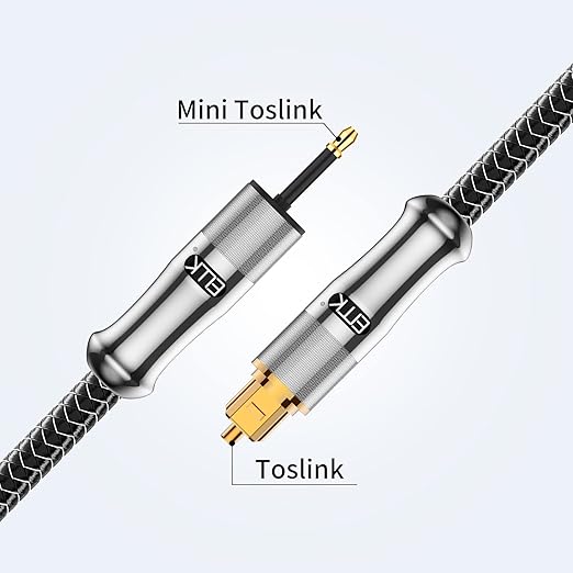 EMK 24K Gold-Plated Toslink to Mini Toslink Cable (6ft/2M) - Digital Optical Audio Cable with 3.5mm Mini Plug for Soundbar, Home Theater, TV - Silver SPDIF Fiber Optic Cable