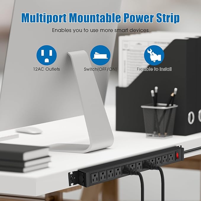 HHSOET Rotating Mountable Power Strip, 12 Outlet Wall Mount Surge Protector, Metal Heavy Duty and Versatile Outlet Strip, Stylish Appearance, Sturdy and Durable, 6ft Power Cord.(Black)